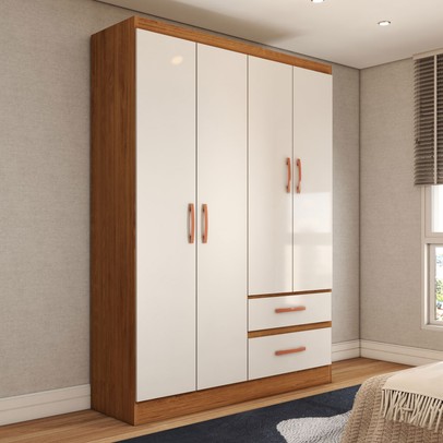 Guarda-Roupa Solteiro Boulevard 4 Portas 2 Gavetas Off White/Nogueira - Panorama Móveis
