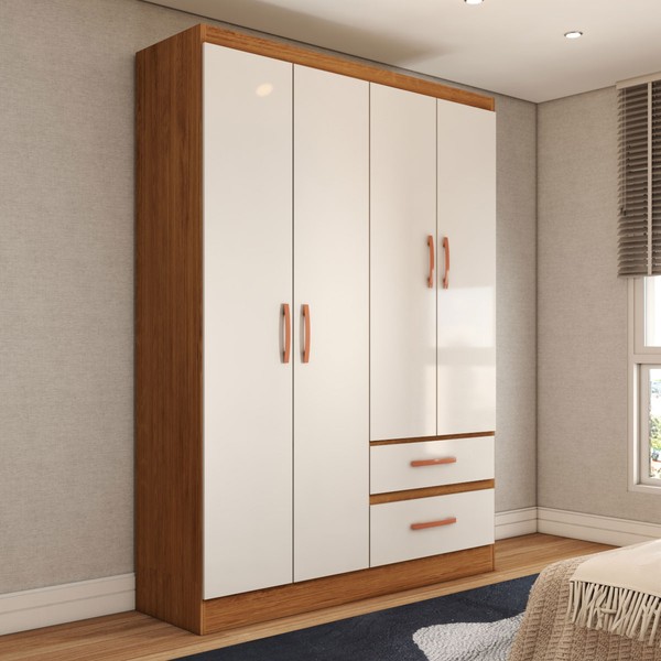 Guarda-Roupa Solteiro Boulevard 4 Portas 2 Gavetas Off White/Nogueira - Panorama Móveis