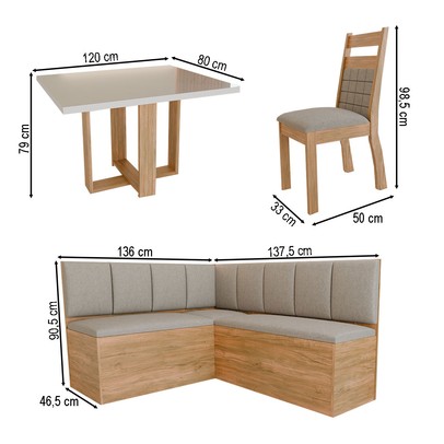 Canto Alemão Prisma com 2 Cadeiras Mel/Veludo Perola/Off White - Panorama Móveis