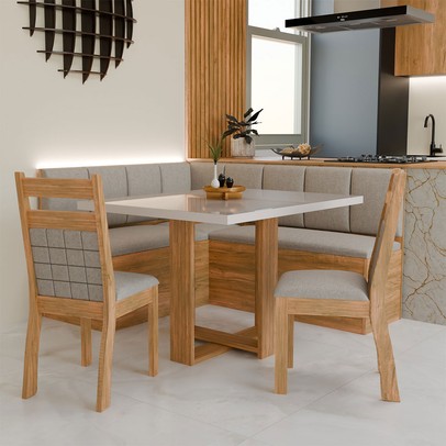 Canto Alemão Prisma com 2 Cadeiras Mel/Veludo Perola/Off White - Panorama Móveis