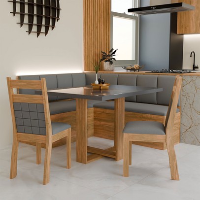 Canto Alemão Prisma com 2 Cadeiras Mel/Grafite/Veludo Grafite - Panorama Móveis