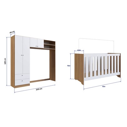 Quarto de Bebê Completo 3 em 1 Imaginação 4 Portas Nogal Manchester/Branco - Pnr Móveis