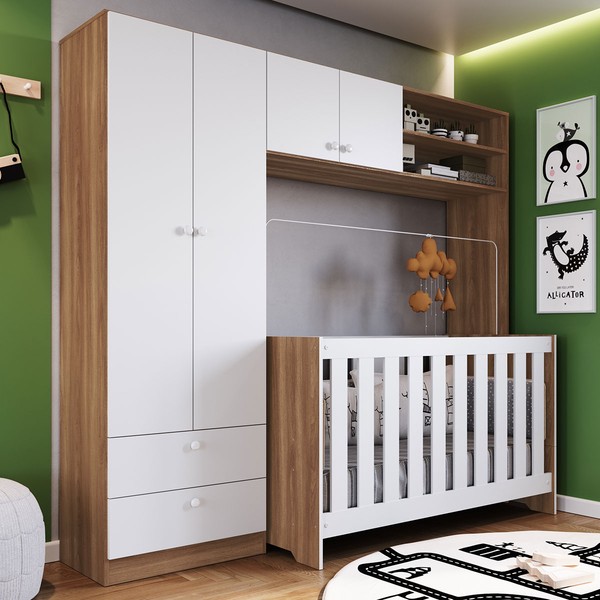 Quarto de Bebê Completo 3 em 1 Imaginação 4 Portas Nogal Manchester/Branco - Pnr Móveis