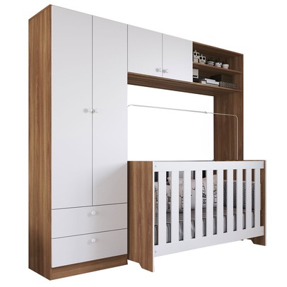 Quarto de Bebê Completo 3 em 1 Imaginação 4 Portas Nogal Manchester/Branco - Pnr Móveis