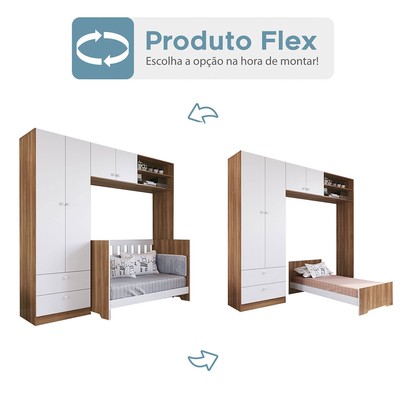 Quarto de Bebê Completo 3 em 1 Imaginação 4 Portas Nogal Manchester/Branco - Pnr Móveis