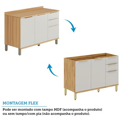 Balcão de Cozinha 120 Cm Sauvignon 2 Portas 3 Gavetas 100% Mdf Amêndoa/Off White - Rio Doce