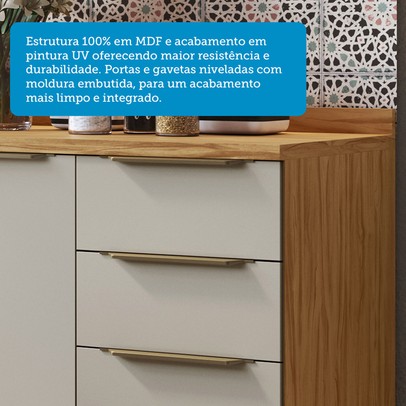 Balcão de Cozinha 120 Cm Sauvignon 2 Portas 3 Gavetas 100% Mdf Amêndoa/Off White - Rio Doce