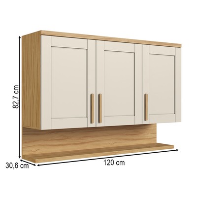 Armário Aéreo Cozinha 120 Cm Riesling 3 Portas 100% Mdf Amêndoa/Off White - Rio Doce
