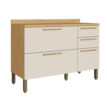 Balcão de Cozinha 120 Cm Riesling 3 Portas 2 Gavetas 100% Mdf Amêndoa/Off White - Rio Doce