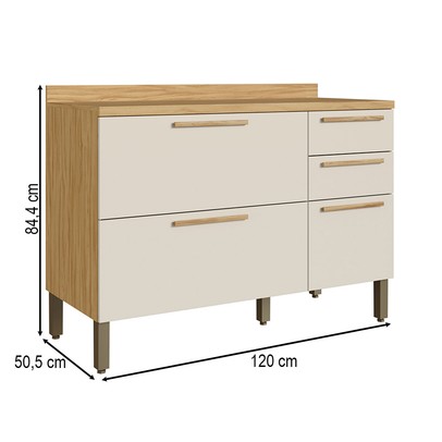 Balcão de Cozinha 120 Cm Riesling 3 Portas 2 Gavetas 100% Mdf Amêndoa/Off White - Rio Doce