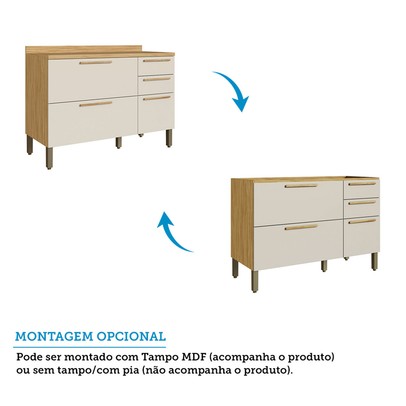 Balcão de Cozinha 120 Cm Riesling 3 Portas 2 Gavetas 100% Mdf Amêndoa/Off White - Rio Doce