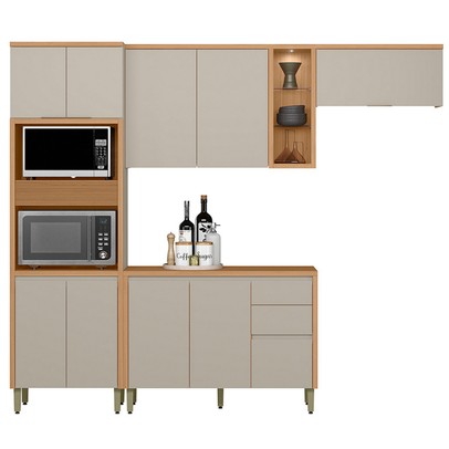 Cozinha Completa Allune 10 Portas 3 Gavetas 100% Mdf Jequitibá/Gris- Linea Brasil