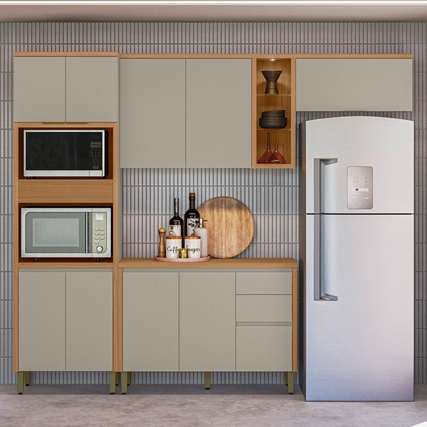 Cozinha Completa Allune 10 Portas 3 Gavetas 100% Mdf Jequitibá/Gris- Linea Brasil