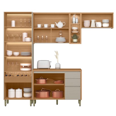 Cozinha Completa Allure 7 Portas 4 Gavetas 100% Mdf com Vidro Jequitibá/Gris - Linea Brasil