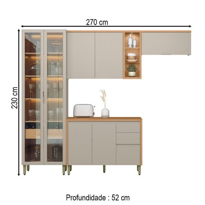 Cozinha Completa Allure 7 Portas 4 Gavetas 100% Mdf com Vidro Jequitibá/Gris - Linea Brasil