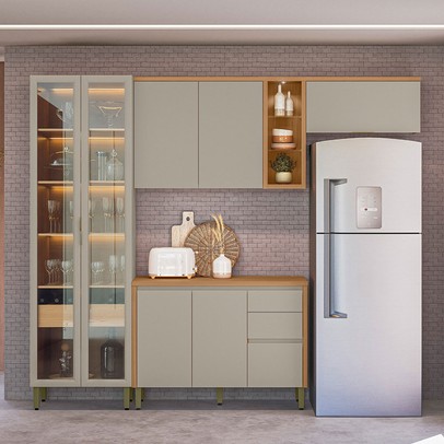 Cozinha Completa Allure 7 Portas 4 Gavetas 100% Mdf com Vidro Jequitibá/Gris - Linea Brasil