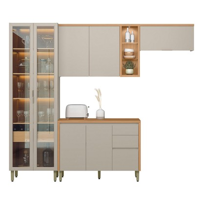 Cozinha Completa Allure 7 Portas 4 Gavetas 100% Mdf com Vidro Jequitibá/Gris - Linea Brasil