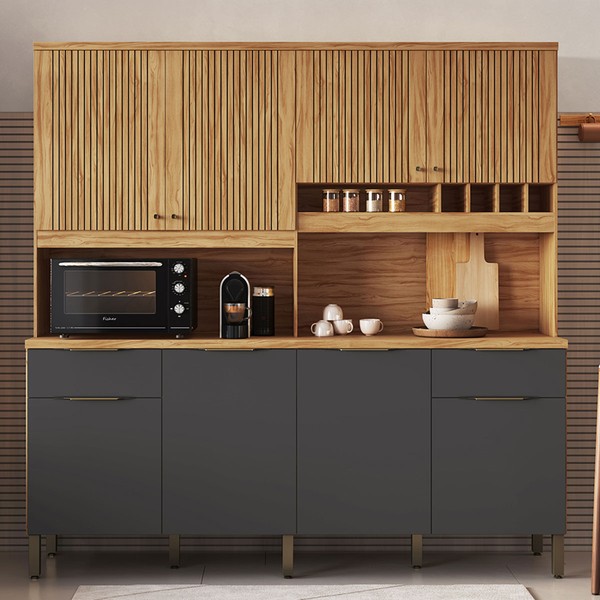 Cozinha Compacta Concord 8 Portas 2 Gavetas 100% Mdf Amêndoa/Chumbo - Rio Doce