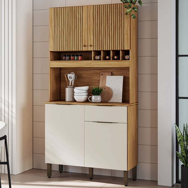 Cozinha Compacta Moscato 1 Gaveta 4 Portas 100% Mdf Amêndoa/Off White - Rio Doce
