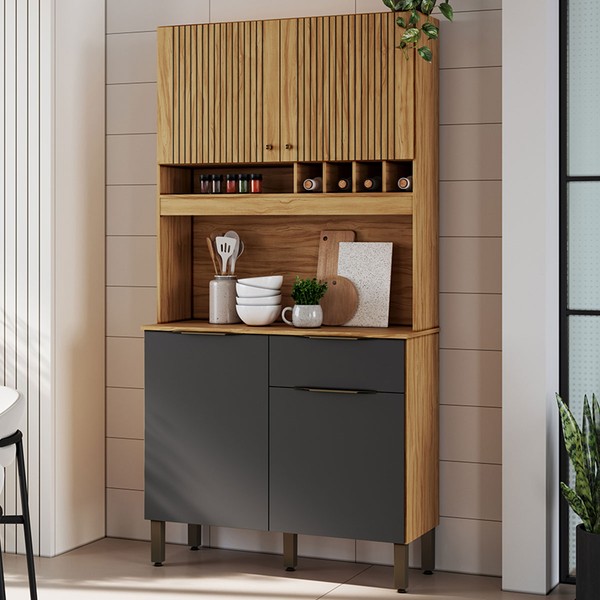 Cozinha Compacta Moscato 1 Gaveta 4 Portas 100% Mdf Amêndoa/Chumbo - Rio Doce