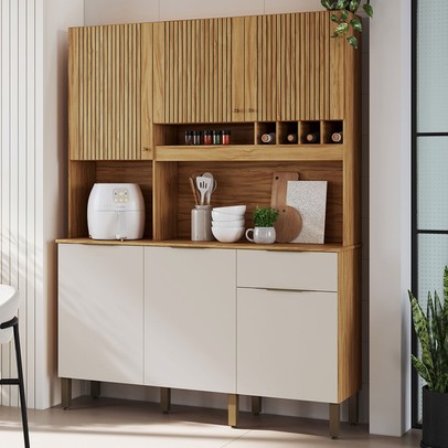 Cozinha Compacta Moscato 6 Portas 1 Gaveta 100% Mdf Amêndoa/Off White - Rio Doce