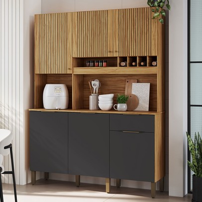 Cozinha Compacta Moscato 6 Portas 1 Gaveta 100% Mdf Amêndoa/Chumbo - Rio Doce