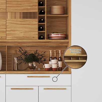 Cozinha Compacta Touriga 6 Portas 1 Gaveta 100% Mdf com Vidro Amêndoa/Branco - Rio Doce