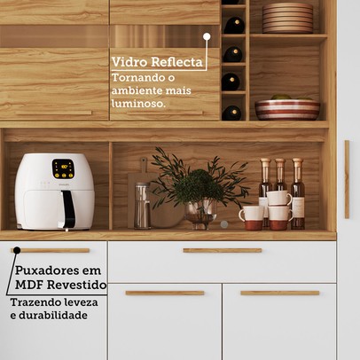 Cozinha Compacta Touriga 6 Portas 1 Gaveta 100% Mdf com Vidro Amêndoa/Branco - Rio Doce