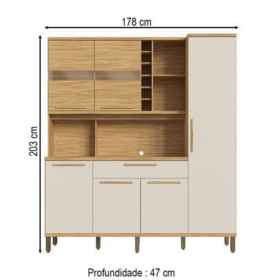 Cozinha Compacta Touriga 6 Portas 1 Gaveta 100% Mdf com Vidro Amêndoa/Off White - Rio Doce