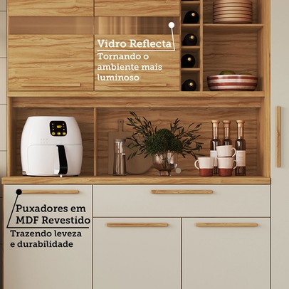 Cozinha Compacta Touriga 6 Portas 1 Gaveta 100% Mdf com Vidro Amêndoa/Off White - Rio Doce