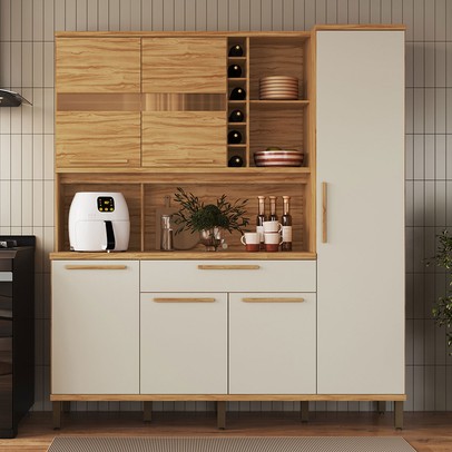Cozinha Compacta Touriga 6 Portas 1 Gaveta 100% Mdf com Vidro Amêndoa/Off White - Rio Doce