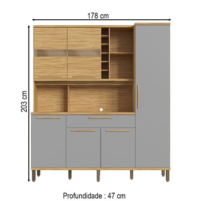 Cozinha Compacta Touriga 6 Portas 1 Gaveta 100% Mdf com Vidro Amêndoa/Cinza - Rio Doce