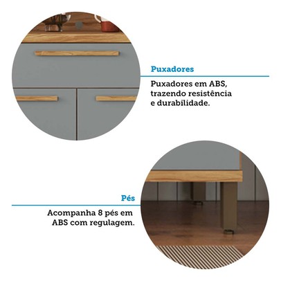 Cozinha Compacta Touriga 6 Portas 1 Gaveta 100% Mdf com Vidro Amêndoa/Cinza - Rio Doce