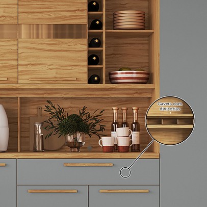 Cozinha Compacta Touriga 6 Portas 1 Gaveta 100% Mdf com Vidro Amêndoa/Cinza - Rio Doce