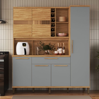 Cozinha Compacta Touriga 6 Portas 1 Gaveta 100% Mdf com Vidro Amêndoa/Cinza - Rio Doce
