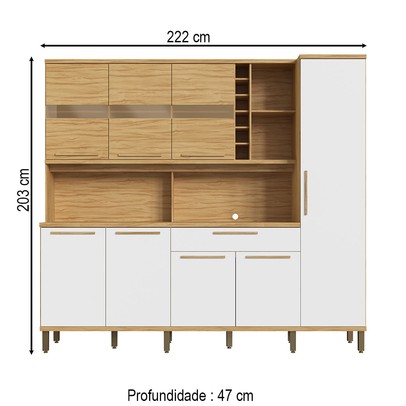 Cozinha Compacta Touriga 8 Portas 1 Gaveta 100% Mdf com Vidro Amêndoa/Branco - Rio Doce