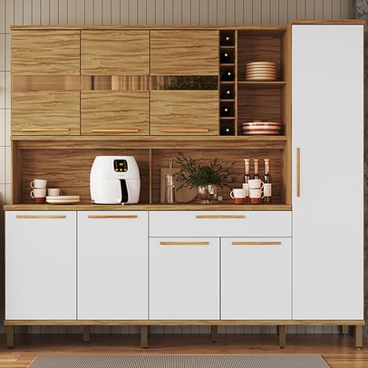 Cozinha Compacta Touriga 8 Portas 1 Gaveta 100% Mdf com Vidro Amêndoa/Branco - Rio Doce