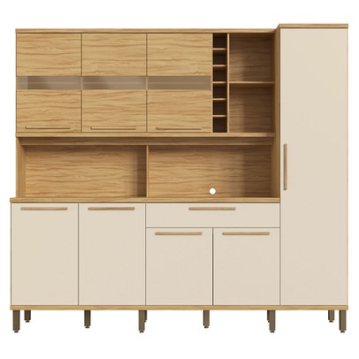 Cozinha Compacta Touriga 8 Portas 1 Gaveta 100% Mdf com Vidro Amêndoa/Off White - Rio Doce