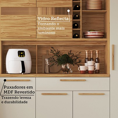 Cozinha Compacta Touriga 8 Portas 1 Gaveta 100% Mdf com Vidro Amêndoa/Off White - Rio Doce