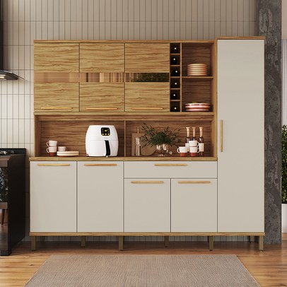 Cozinha Compacta Touriga 8 Portas 1 Gaveta 100% Mdf com Vidro Amêndoa/Off White - Rio Doce