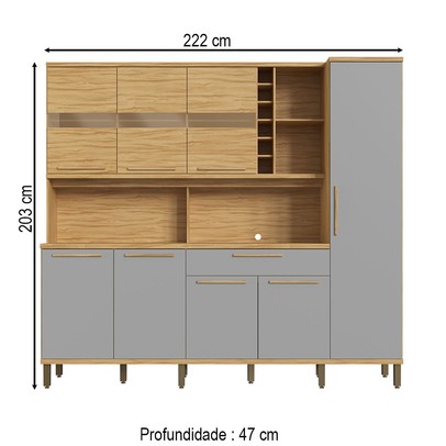 Cozinha Compacta Touriga 8 Portas 1 Gaveta 100% Mdf com Vidro Amêndoa/Cinza - Rio Doce