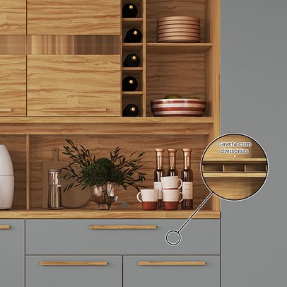 Cozinha Compacta Touriga 8 Portas 1 Gaveta 100% Mdf com Vidro Amêndoa/Cinza - Rio Doce