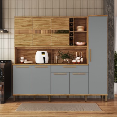 Cozinha Compacta Touriga 8 Portas 1 Gaveta 100% Mdf com Vidro Amêndoa/Cinza - Rio Doce
