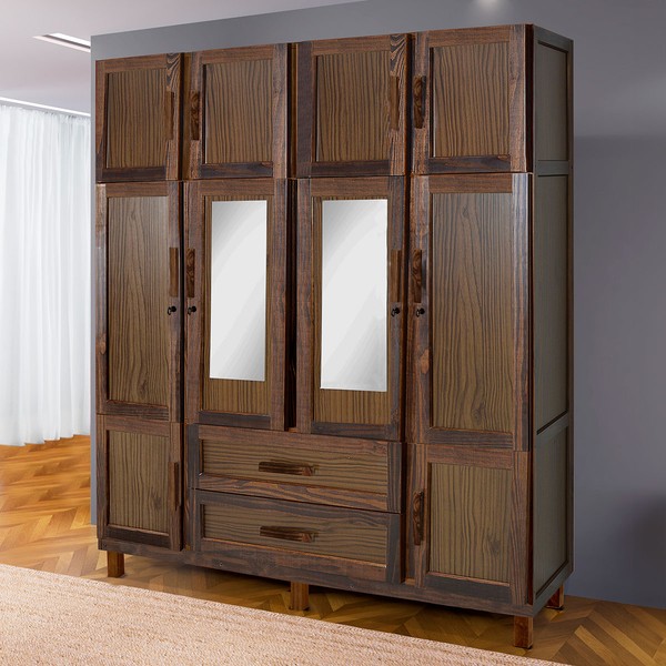 Guarda-Roupa Estocolmo Madeira Maciça 10 Portas 2 Gavetas 5 Prateleiras com Espelho Imbuia Natural - Pnr Móveis