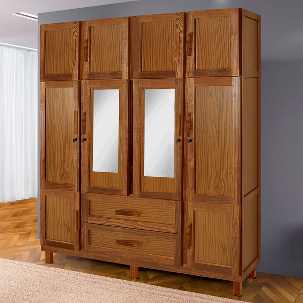 Guarda-Roupa Estocolmo Madeira Maciça 10 Portas 2 Gavetas 5 Prateleiras com Espelho Ypê  - Pnr Móveis