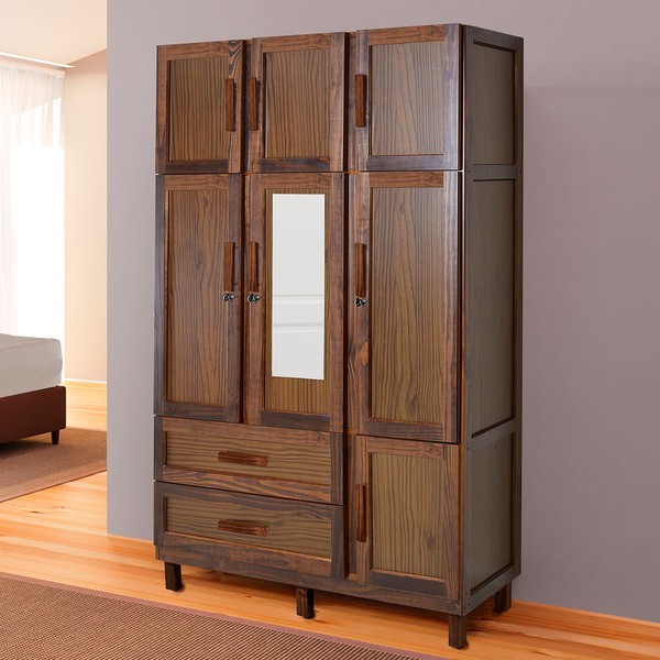 Guarda-Roupa Solteiro Petersburgo Madeira Maciça 7 Portas 2 Gavetas 2 Prateleiras com Espelho Imbuia Natural - Pnr Móveis