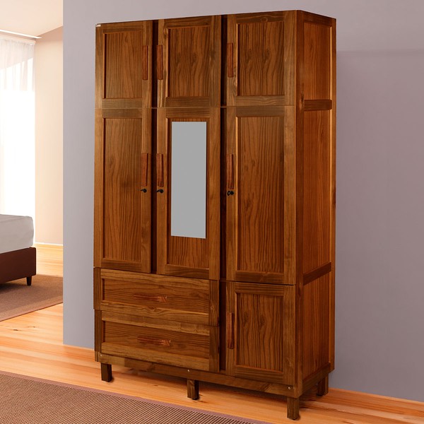 Guarda-Roupa Solteiro Petersburgo Madeira Maciça 7 Portas 2 Gavetas 2 Prateleiras com Espelho Ypê - Pnr Móveis