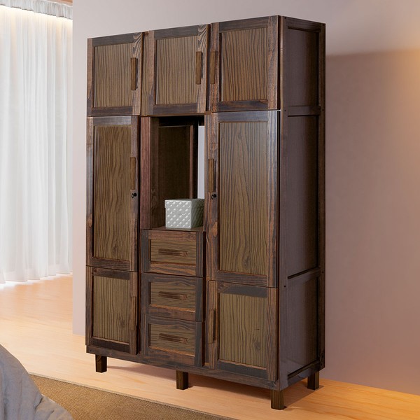Guarda-Roupa Solteiro Belém Madeira Maciça 7 Portas 3 Gavetas 4 Prateleiras com Espelho Imbuia Natural - Pnr Móveis