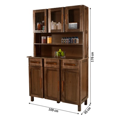 Armário de Cozinha Bergen Madeira Maciça 6 Portas 3 Gavetas com Vidro Natural - Pnr Móveis