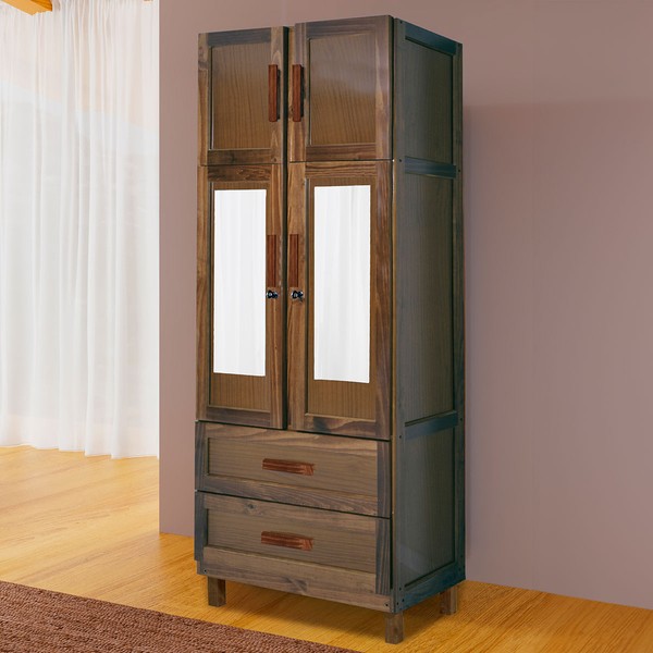 Guarda-Roupa Casal Sergipe Madeira Maciça 4 Portas 2 Gavetas 1 Prateleira com Espelho Clean Imbuia Natural - Pnr Móveis